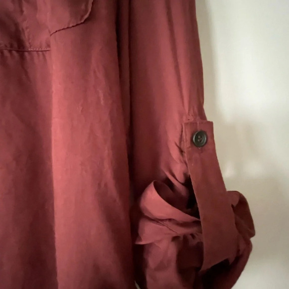 Peruvian Connection Lightweight Brown Blouse Top Roll Tab Sleeves Pockets Size M - Picture 6 of 10